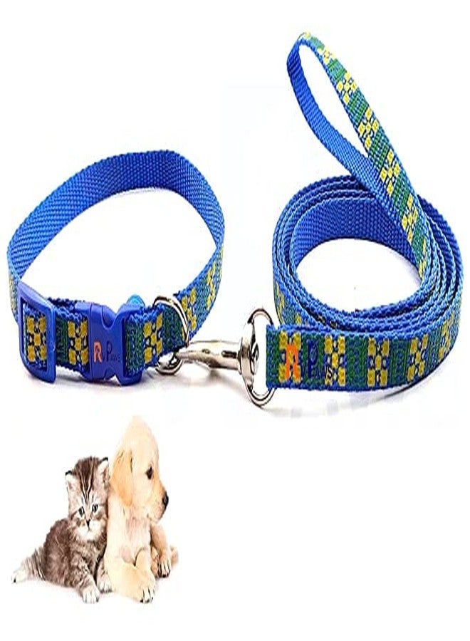 Pups&Pets 10 MM Puppy Collar and Leash Set - Puppy Printed Adjustable Nylon Collar with Leash for Cat and Puppy, Quick Release and Breathable Collar with Bell for Puppies, Small Dog & Cat (Blue) - Image 1